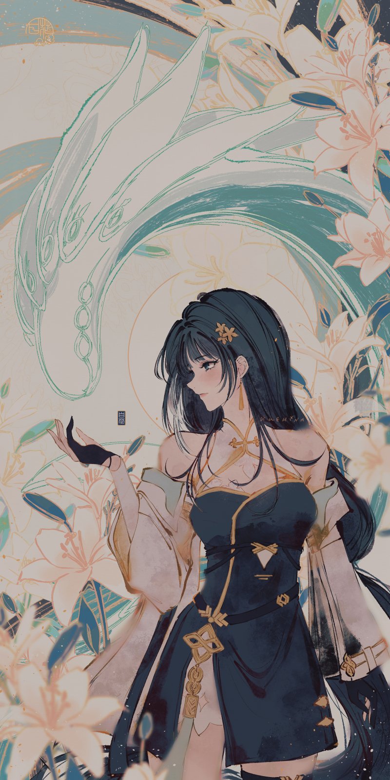 bailian_(wuthering_waves) bare_shoulders black_gloves black_hair blush chinese_clothes cleavage_cutout clothing_cutout earrings fingerless_gloves flower from_side gloves hair_ornament highres jewelry long_hair thighs white_string wuthering_waves xuehina