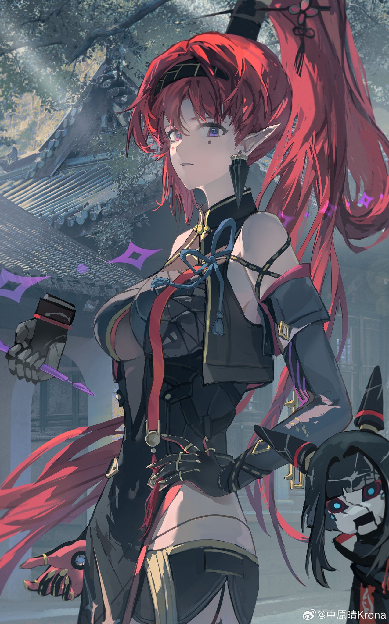 arm_strap armband bare_shoulders black_armband black_gloves doll earrings gloves high_ponytail highres jewelry mole mole_under_eye pointy_ears redhead thighs wuthering_waves yinlin_(wuthering_waves) zhongyuanqing