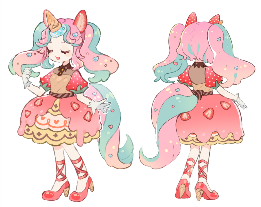 1girl animal_ears aqua_hair back_bow bow brown_shirt closed_eyes collared_shirt facing_away facing_viewer fake_animal_ears fake_horns food food-themed_clothes food-themed_hair_ornament food_print fruit full_body gloves hair_ornament hand_up heart heart_hair_ornament horns horse_tail ice_cream_cone multicolored_clothes multicolored_hair multicolored_skirt multiple_views open_mouth original parted_bangs pink_hair pink_skirt puffy_short_sleeves puffy_sleeves red_footwear reference_sheet shirt shoes short_sleeves simple_background skirt smile sorata123 standing strawberry strawberry_print strawberry_slice tail tail_ornament twintails two-tone_hair unicorn_girl unicorn_horn white_background white_gloves
