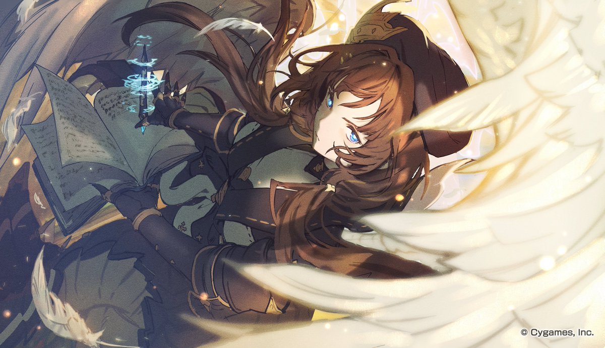 1girl beret blue_eyes book brown_hair commentary commentary_request elbow_gloves expressionless feathered_wings feathers floating_hair from_above gloves granblue_fantasy hat holding holding_book light_frown light_particles logo long_hair looking_up magic messy_hair minaba_hideo necktie official_art open_book raziel_(granblue_fantasy) sidelocks sleeves_rolled_up solo turtleneck very_long_hair white_wings wings