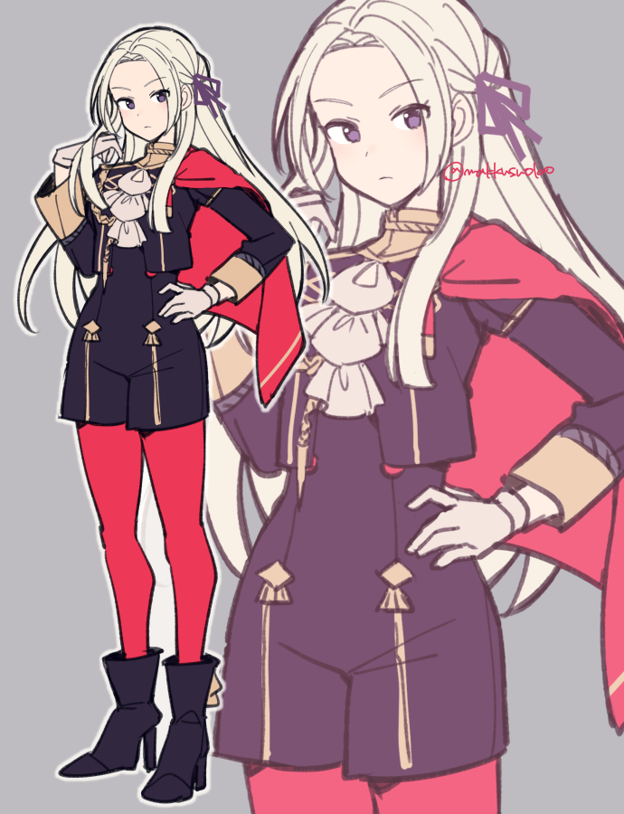 1girl ascot cape closed_mouth commentary_request do_m_kaeru edelgard_von_hresvelg fire_emblem fire_emblem:_three_houses forehead full_body garreg_mach_monastery_uniform gloves grey_background hair_ribbon hand_on_own_hip long_hair long_sleeves looking_at_viewer pantyhose purple_ribbon red_cape red_pantyhose ribbon simple_background solo twitter_username uniform violet_eyes white_ascot white_gloves white_hair