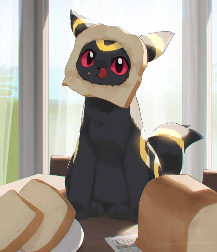 animal_focus black_fur bread bread_slice commentary curtains english_commentary food indoors nagasaki_wonderful no_humans pokemon pokemon_(creature) red_eyes sitting tail tongue tongue_out umbreon window