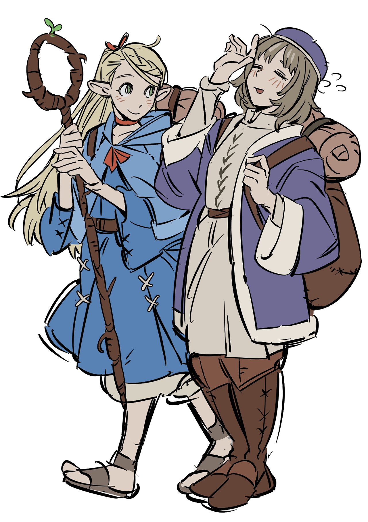 2girls backpack bad_feet bag bedroll blonde_hair blue_cape blue_dress boots brown_footwear brown_hair cape closed_eyes coat commentary dress dungeon_meshi falin_touden flying_sweatdrops ggooww7 green_eyes highres holding holding_staff hood hooded_cape leaning_back long_hair looking_at_viewer marcille_donato multiple_girls parted_lips pointy_ears ponytail purple_coat purple_hat sandals short_hair simple_background sketch smile staff symbol-only_commentary white_background white_dress