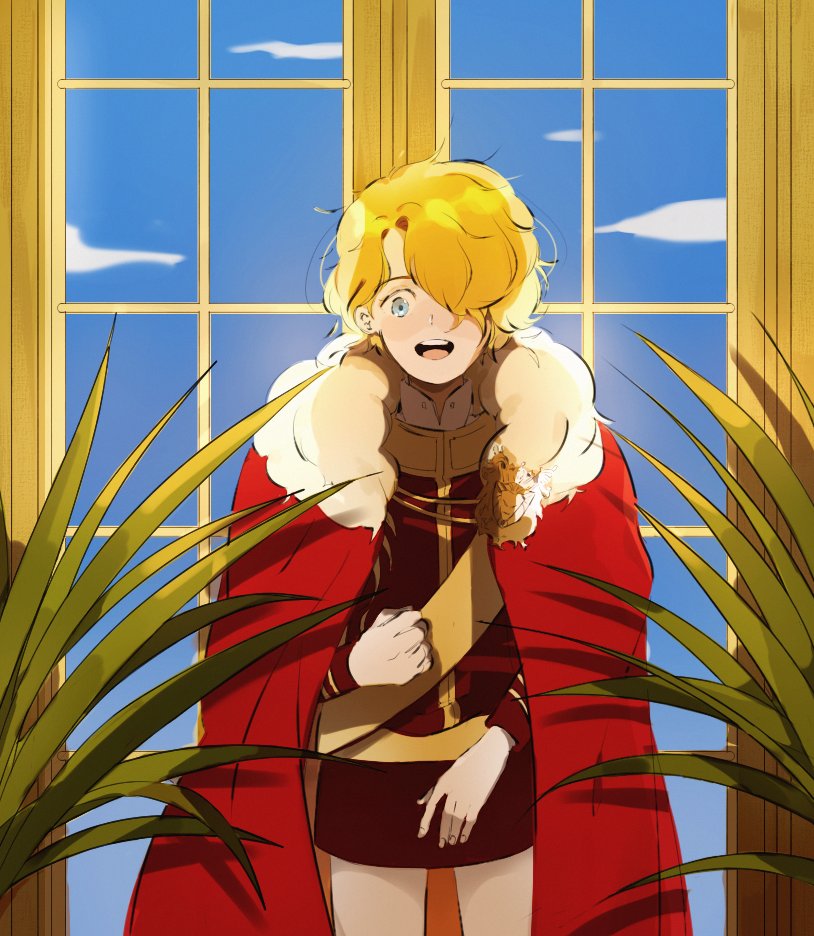 1boy blonde_hair blue_eyes blue_sky cape clenched_hand cowboy_shot dandelion_goldenleonard fur-trimmed_cape fur_trim hair_over_one_eye king's_maker long_sleeves male_focus naruysae open_mouth plant red_cape short_hair sky solo teeth upper_teeth_only window