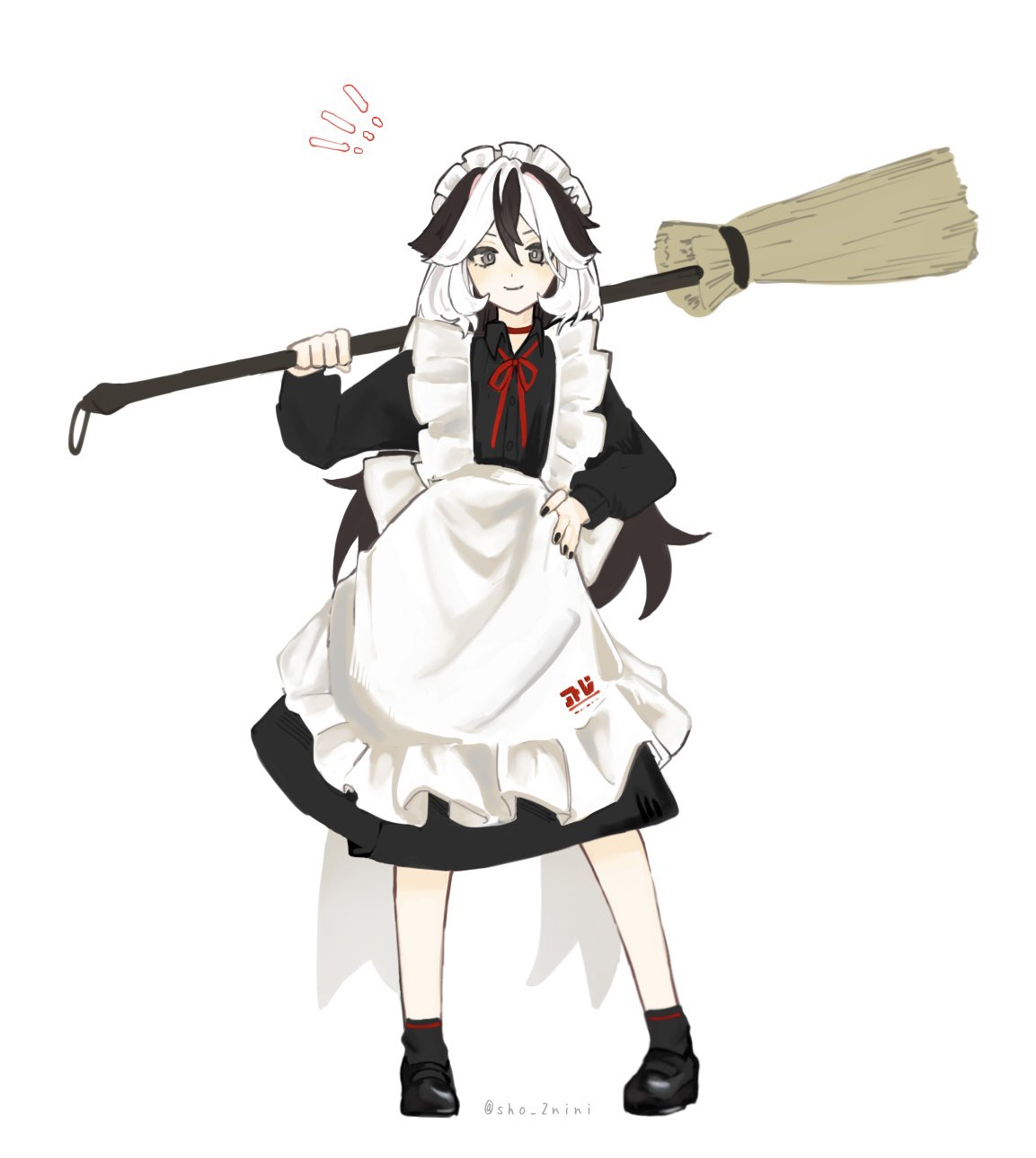 ! 1girl alternate_costume apron black_footwear black_hair black_nails black_shirt black_skirt black_socks broom collared_shirt commentary_request coralie_(honkai_impact) dress_shirt enmaided frilled_apron frills full_body grey_hair hair_between_eyes hand_on_own_hip hand_up highres holding holding_broom honkai_(series) honkai_impact_3rd long_hair long_sleeves looking_at_viewer maid maid_headdress multicolored_hair nail_polish puffy_long_sleeves puffy_sleeves shirt sho_2nini shoes skirt socks solo standing two-tone_hair very_long_hair white_apron white_hair