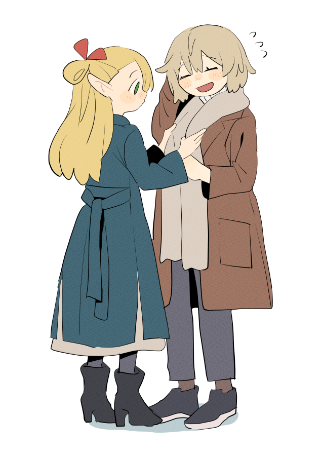 2girls adjusting_another's_clothes black_footwear blonde_hair blue_coat brown_coat closed_eyes coat commentary dungeon_meshi falin_thorden full_body green_eyes grey_hair grey_pants long_hair marcille_donato multiple_girls nakkasu open_mouth pants pointy_ears short_hair simple_background standing sweater white_background white_sweater