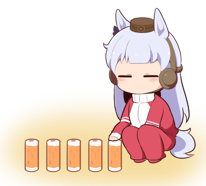1girl animal_ears blush_stickers bow brown_background brown_hat chibi chikuwa closed_eyes ear_bow facing_viewer food gold_ship_(umamusume) gomashio_(goma_feet) grey_hair hat horse_ears horse_girl horse_tail jacket long_hair mini_hat pants purple_bow red_jacket red_pants solo squatting tail track_jacket track_pants track_suit umamusume very_long_hair white_background