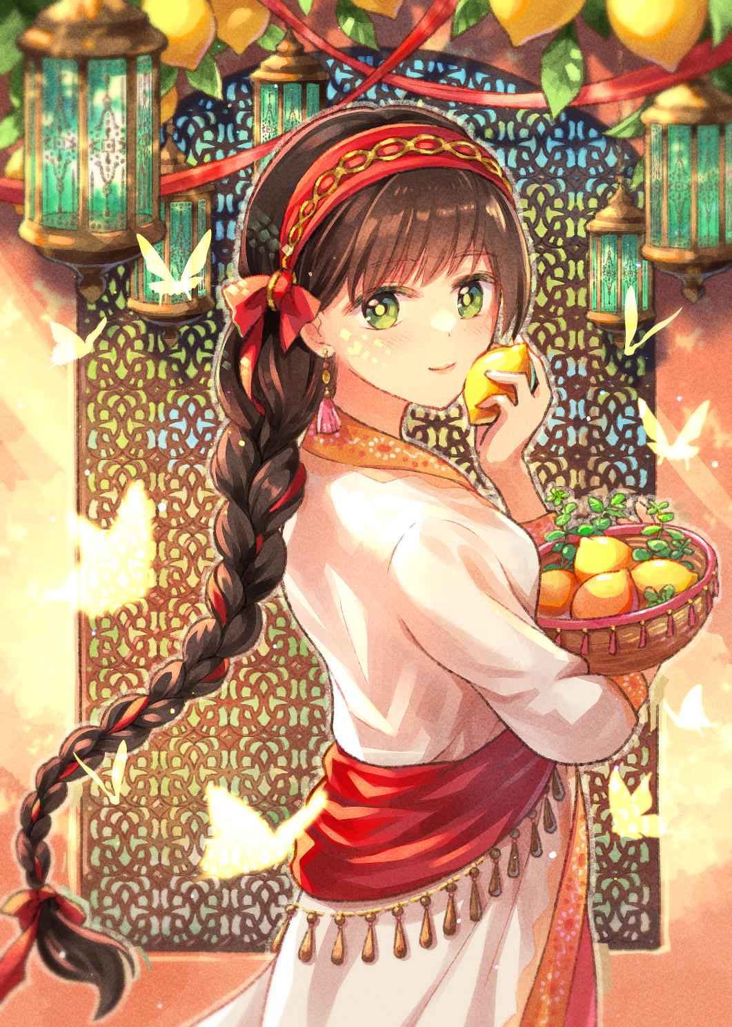 1girl basket blush bow braid braided_ponytail breasts brown_hair brown_tassel bug butterfly closed_mouth colored_eyelashes commentary_request cowboy_shot dress earrings eyes_visible_through_hair flying food from_side fruit green_eyes hair_bow hair_ribbon hairband hand_up hanging_lantern highres hina_cassiopeia holding holding_basket holding_food holding_fruit jewelry leaf lemon long_bangs long_hair long_sleeves looking_at_viewer looking_to_the_side morocco multicolored_clothes multicolored_dress orange_dress original pink_tassel red_bow red_hairband red_ribbon red_sash ribbon ribbon_braid sash smile solo tassel tassel_earrings turning_head very_long_hair white_dress