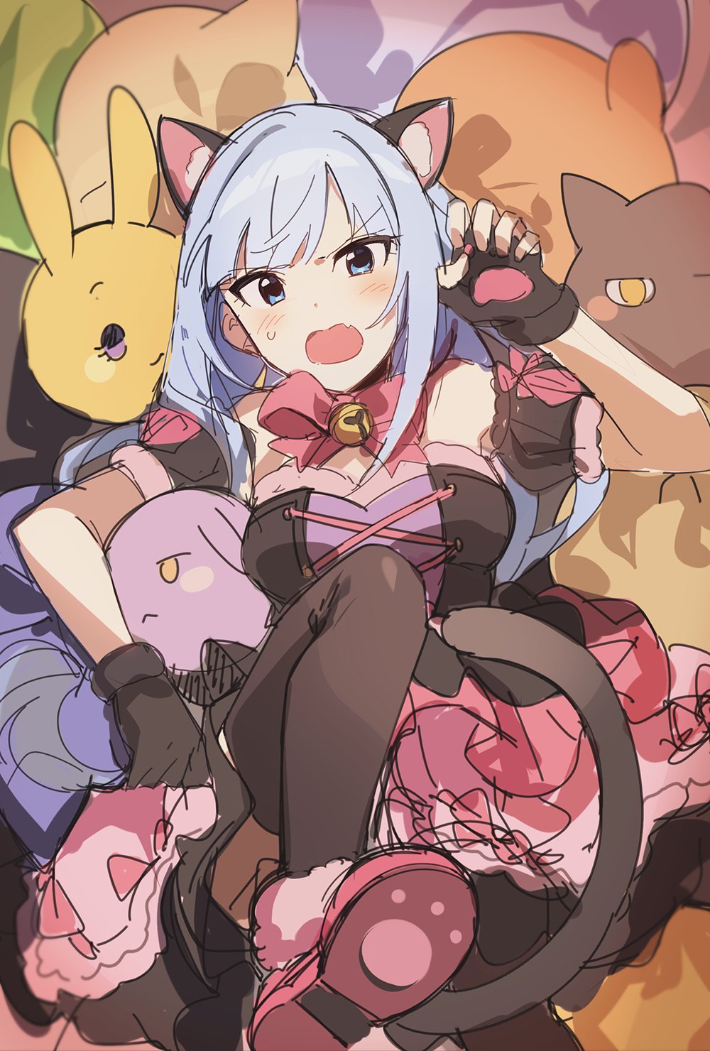 1girl animal_ear_fluff animal_ears ap_bar arm_garter bare_shoulders bell black_gloves black_thighhighs blue_eyes blue_hair blush bow bowtie breasts cat_ears cat_tail dot_nose dress fake_animal_ears fake_tail fang fingerless_gloves gloves hand_up highres idolmaster idolmaster_million_live! idolmaster_million_live!_theater_days jingle_bell knee_up light_blue_hair long_hair looking_at_viewer lying medium_breasts neck_bell on_back open_mouth paw_pose pink_bow pink_bowtie pink_dress pink_footwear shiraishi_tsumugi shoe_soles shoes solo stuffed_animal stuffed_cat stuffed_rabbit stuffed_toy sweatdrop tail thigh-highs