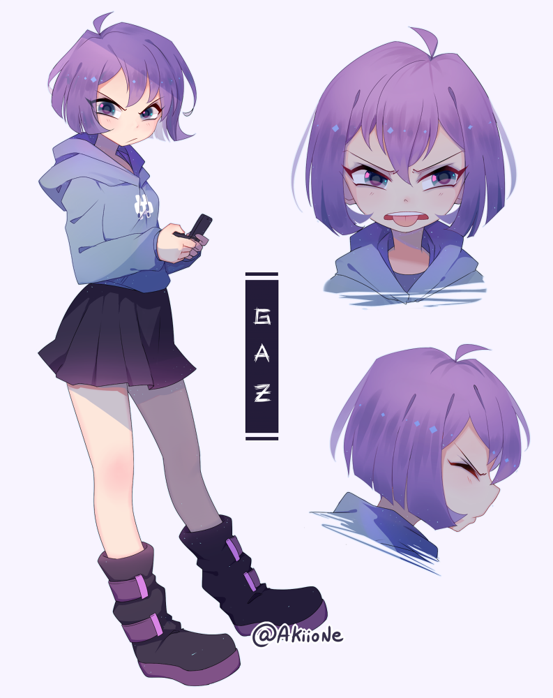 1girl ahoge artist_name blue_sweater bob_cut boots character_name gazlene_membrane handheld_game_console invader_zim long_hair purple_footwear purple_hair short_hair skirt solo sweater tongue tongue_out v-shaped_eyebrows very_long_hair violet_eyes yoyochaan