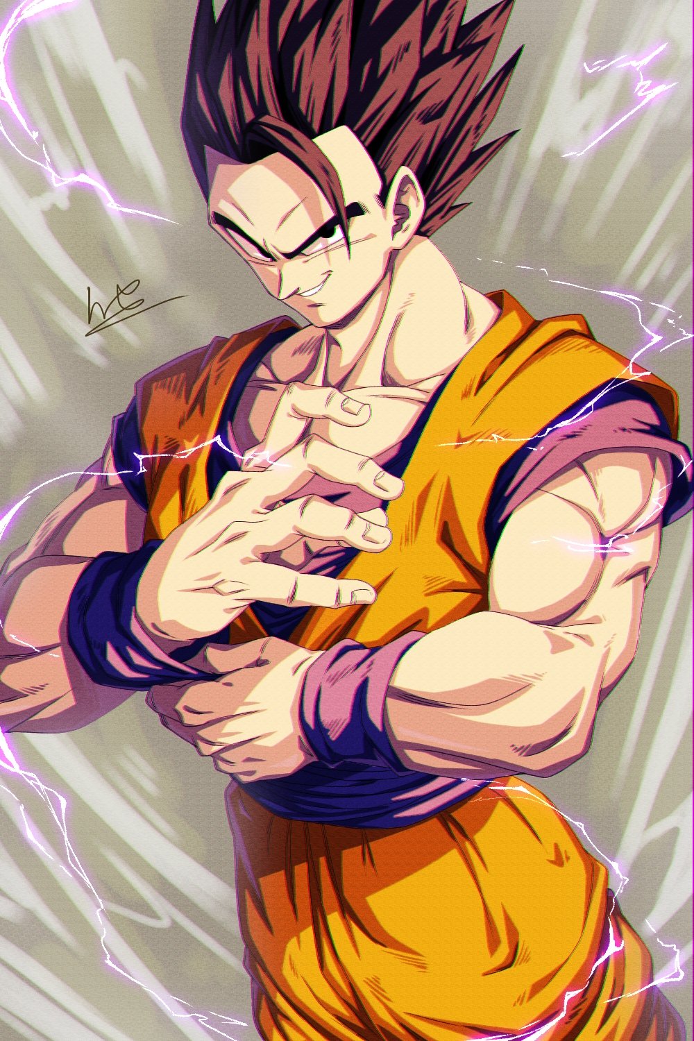 1boy bad_id bad_twitter_id black_eyes black_hair blue_shirt commentary_request dougi dragon_ball dragon_ball_z electricity grin highres looking_at_viewer male_focus muscular muscular_male orange_pants orange_shirt pants potential_unleashed sekitsuki_hayato shirt signature smile solo son_gohan spiky_hair standing