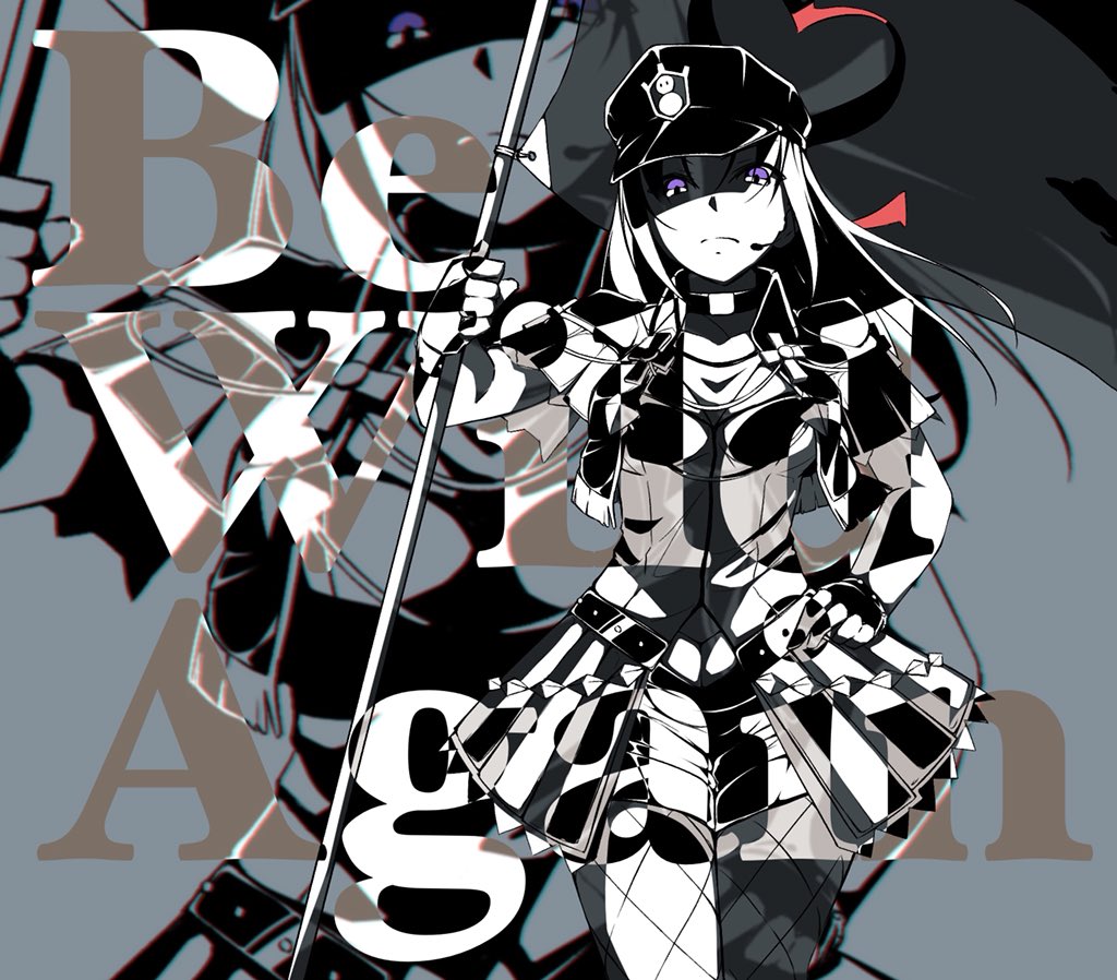 1girl abstract arm_up azukilib breasts capelet choker chromatic_aberration closed_mouth commentary_request cowboy_shot earpiece english_text fingerless_gloves fishnet_pantyhose fishnets flag gloves hand_on_own_hip hat holding holding_flag holding_pole italian_commentary kazuno_sarah long_hair looking_at_viewer love_live! love_live!_sunshine!! mixed-language_commentary monochrome pantyhose peaked_cap pole shirt short_shorts shorts showgirl_skirt sidelocks small_breasts solo split_mouth spot_color standing straight-on text_focus violet_eyes zoom_layer