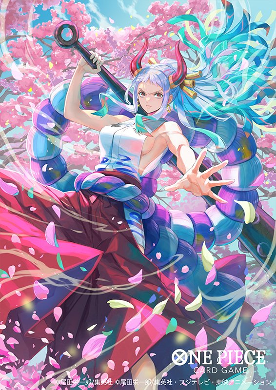 1girl bisaiiiii blunt_ends breasts cherry_blossoms club_(weapon) commentary_request copyright_name cowboy_shot earrings falling_petals hair_ornament hakama holding holding_weapon horns japanese_clothes jewelry kanabou kimono looking_at_viewer multicolored_hair official_art one_piece one_piece_card_game orange_eyes outstretched_arm petals ponytail red_hakama rope shimenawa sideboob sleeveless sleeveless_kimono solo v-shaped_eyebrows weapon white_hair white_kimono wind yamato_(one_piece)