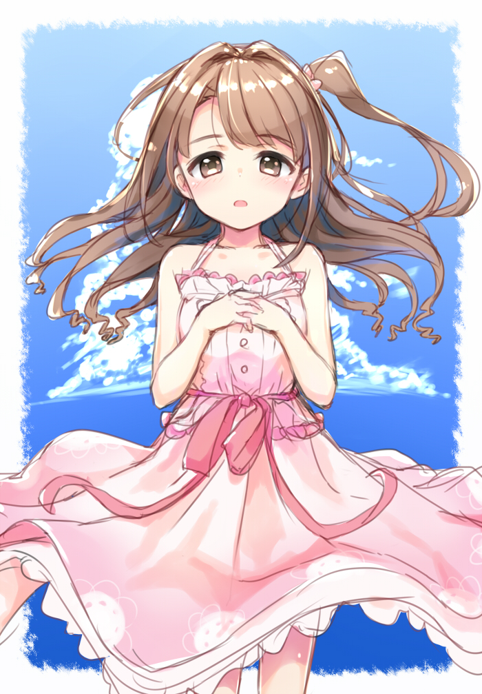 1girl bare_shoulders blue_background blue_sky blush breasts brown_eyes brown_hair clouds cloudy_sky collarbone cowboy_shot dot_nose dress floating_hair forehead frilled_dress frills hands_on_own_chest idolmaster idolmaster_cinderella_girls kuresuku_(lessons) long_hair open_mouth outside_border own_hands_together pink_dress pink_ribbon ribbon shimamura_uzuki side_ponytail sky sleeveless small_breasts solo spaghetti_strap straight-on straight_hair waist_ribbon wind wind_lift