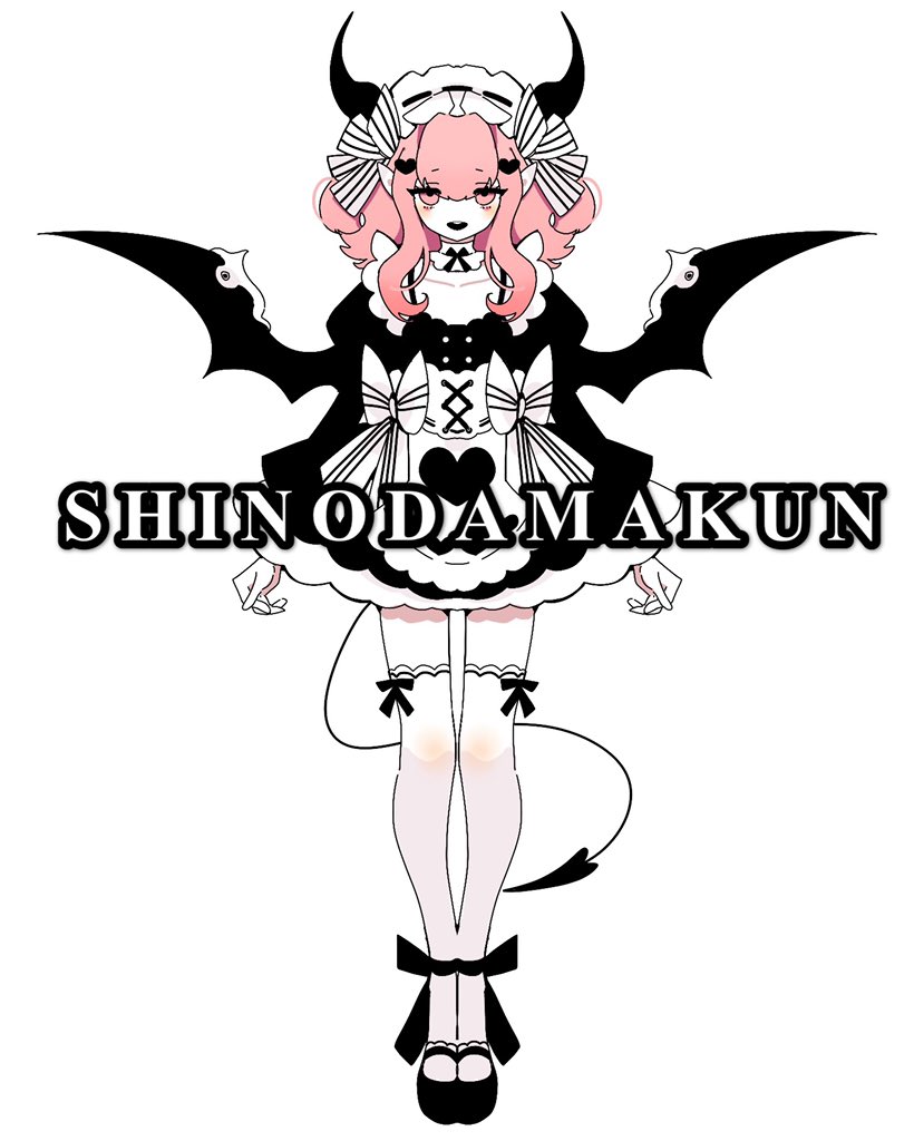 1girl apron artist_name black_bow black_bowtie black_dress black_footwear black_horns black_sleeves black_tail black_wings bow bow_legwear bowtie chinese_commentary choker collarbone commentary_request cross-laced_apron demon_girl demon_horns demon_tail demon_wings dress dress_bow eyelashes frilled_apron frilled_dress frilled_hairband frilled_sleeves frills full_body hair_between_eyes hair_bow hair_ornament hairband heart heart_hair_ornament heart_print horns juliet_sleeves knees long_sleeves looking_at_viewer maid maid_headdress makunqaq mary_janes medium_hair open_mouth original pink_eyes pink_hair pointy_ears puffy_sleeves ribbon-trimmed_apron ribbon-trimmed_hairband ribbon_trim shoes short_dress sidelocks simple_background smile solo straight-on striped_bow tail teeth thigh-highs upper_teeth_only watermark white_apron white_background white_bow white_choker white_hairband white_thighhighs wings