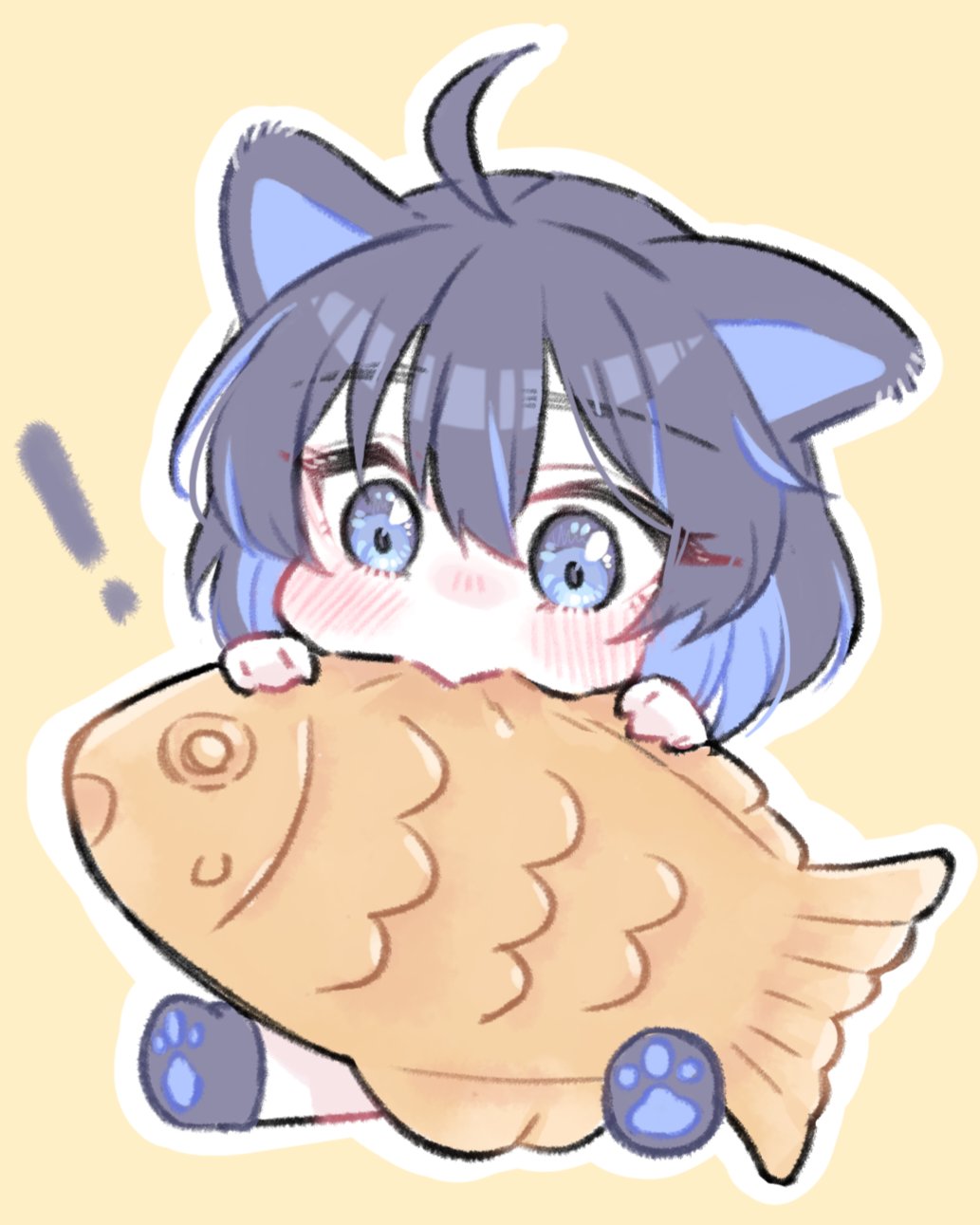 ! 1girl ahoge animal_ears biting black_footwear black_hair blue_eyes blue_hair blush cat_ears cat_girl chibi commentary_request food hair_between_eyes hands_up highres holding holding_food honkai_(series) honkai_impact_3rd korean_commentary multicolored_hair outline paw_print paw_print_soles seele_vollerei shoes short_hair sidelocks simple_background sitting solo streaked_hair taiyaki velcozz wagashi white_outline yellow_background
