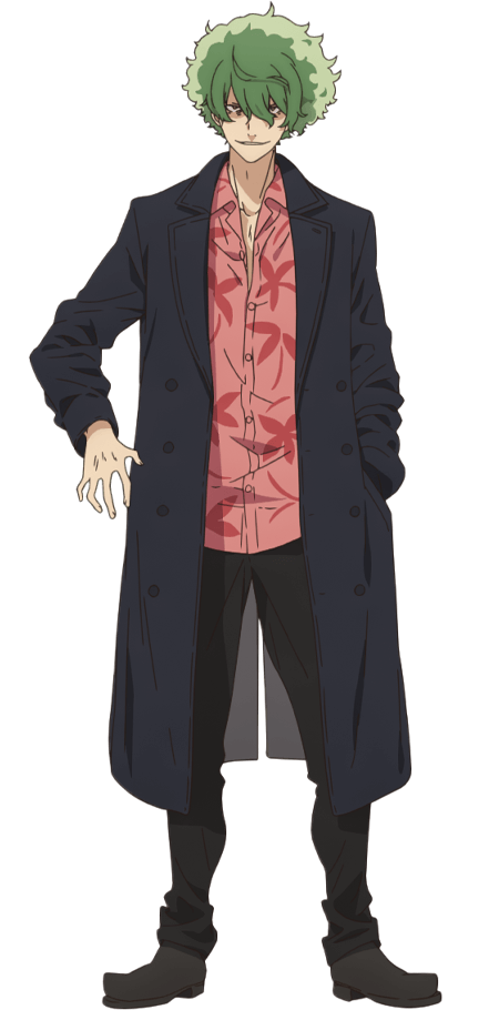 1boy black_coat black_footwear black_pants coat collared_shirt dress_shirt full_body green_hair hair_between_eyes hand_in_pocket long_sleeves looking_at_viewer lycoris_recoil majima_(lycoris_recoil) male_focus official_art open_clothes open_coat pants parted_lips pink_shirt shirt short_hair simple_background solo standing tachi-e transparent_background
