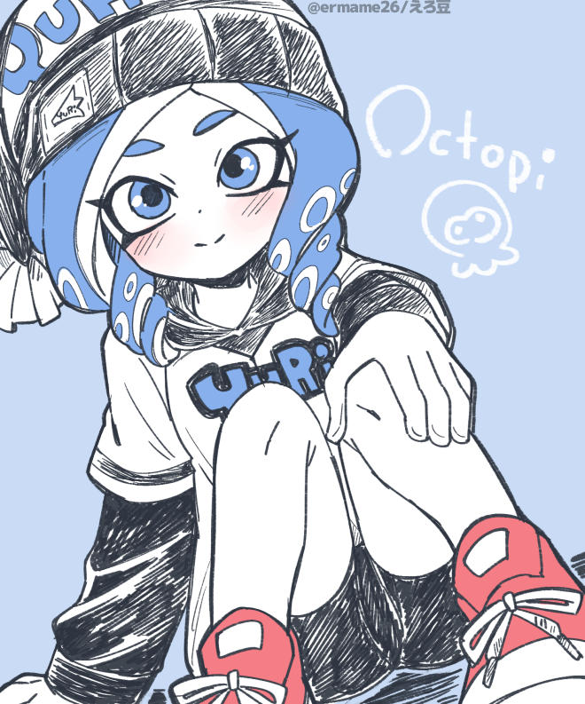 beanie blue_eyes blue_hair blush english_text eromame hat hood hoodie looking_at_viewer octoling_girl octoling_player_character shoes shorts sitting smile splatoon_(series) splatoon_3 tentacle_hair