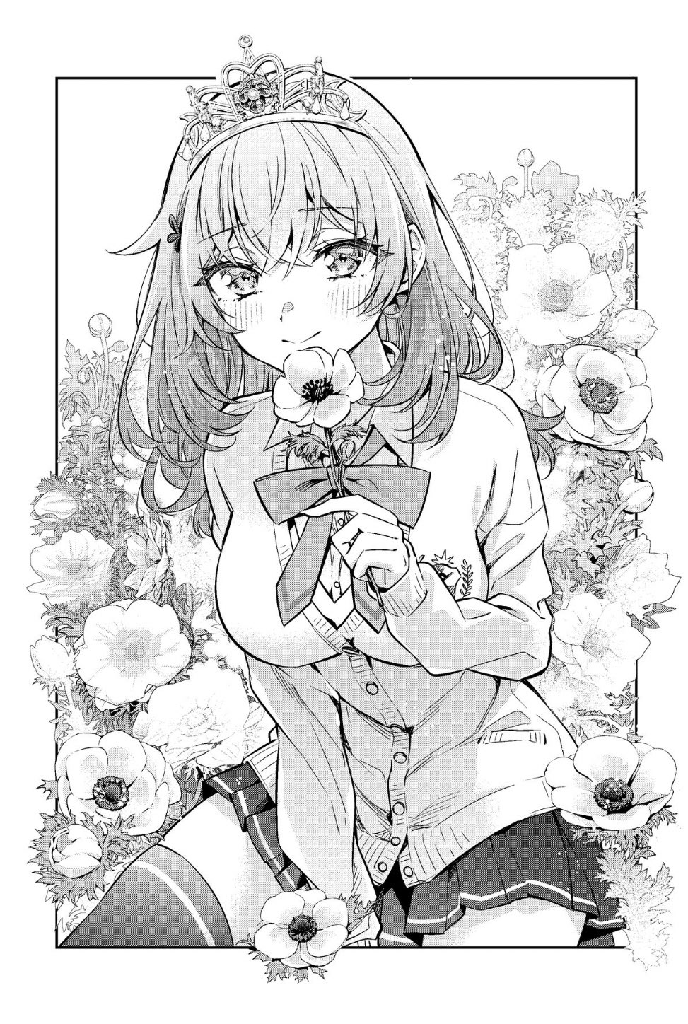 1girl border bow bowtie breasts closed_mouth commentary_request crown eyes_visible_through_hair floral_background flower greyscale hand_rest highres holding holding_flower large_breasts long_hair long_sleeves looking_at_viewer mariya_mikhailovna_kujou monochrome official_art pleated_skirt school_uniform skirt smile solo sweater tenacitysaho thigh-highs tokidoki_bosotto_roshia-go_de_dereru_tonari_no_arya-san zettai_ryouiki