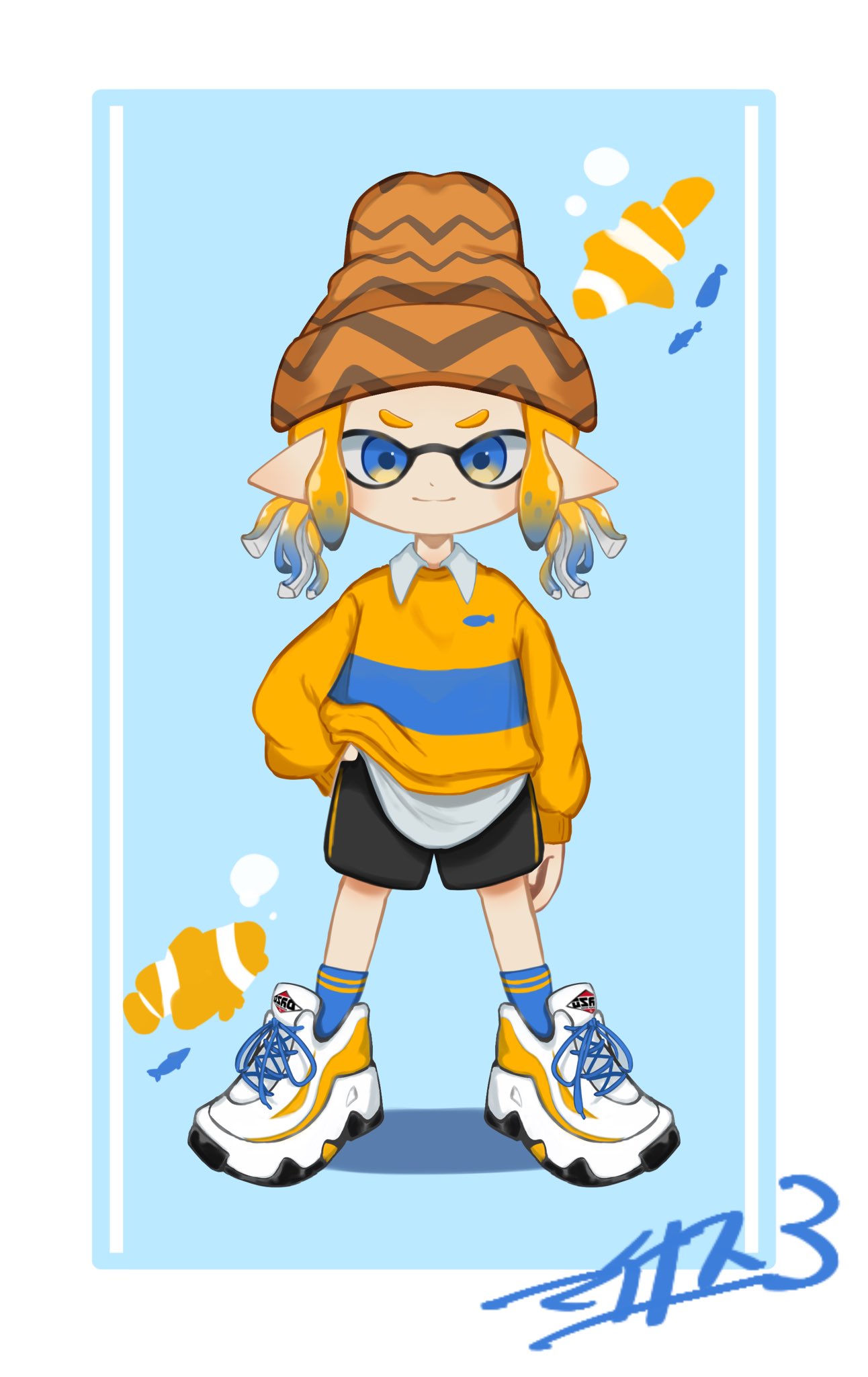 1boy beanie black_shorts blonde_hair blue_background blue_eyes blue_hair blue_socks border brown_hat closed_mouth colored_tips commentary cross-laced_footwear fish full_body hat highres inkling inkling_boy inkling_player_character mainasu3_3 male_focus medium_hair multicolored_hair pointy_ears shoes shorts signature simple_background smile socks solo splatoon_(series) standing symbol-only_commentary tentacle_hair two-tone_hair white_border white_footwear