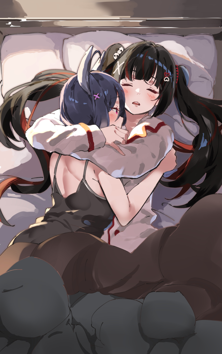 2girls bare_arms bare_shoulders bed black_dress black_hair blush closed_eyes collared_shirt commentary_request commission copyright_request dress dress_shirt full_body hair_between_eyes hair_ornament heart heart_hair_ornament highres hug lamb_(hitsujiniku) long_sleeves lying multicolored_hair multiple_girls on_back pajamas parted_lips pillow profile redhead shirt skeb_commission skull_hair_ornament sleeveless sleeveless_dress sleeves_past_wrists streaked_hair twintails under_covers virtual_youtuber white_pajamas white_shirt x_hair_ornament