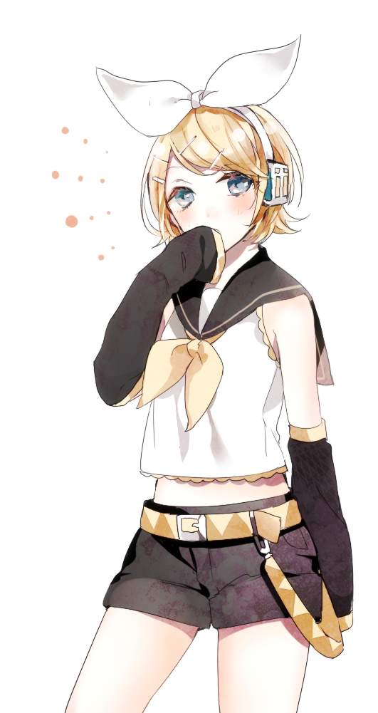 1girl belt black_sailor_collar black_shorts blonde_hair blue_eyes blush bow covering_own_mouth cowboy_shot crop_top detached_sleeves hair_bow hair_ornament hairclip headphones kagamine_rin looking_at_viewer midriff neckerchief prin_dog ribbon sailor_collar shirt short_hair short_shorts shorts simple_background sleeveless sleeveless_shirt sleeves_past_fingers sleeves_past_wrists solo standing vocaloid white_background white_bow white_shirt yellow_belt yellow_neckerchief