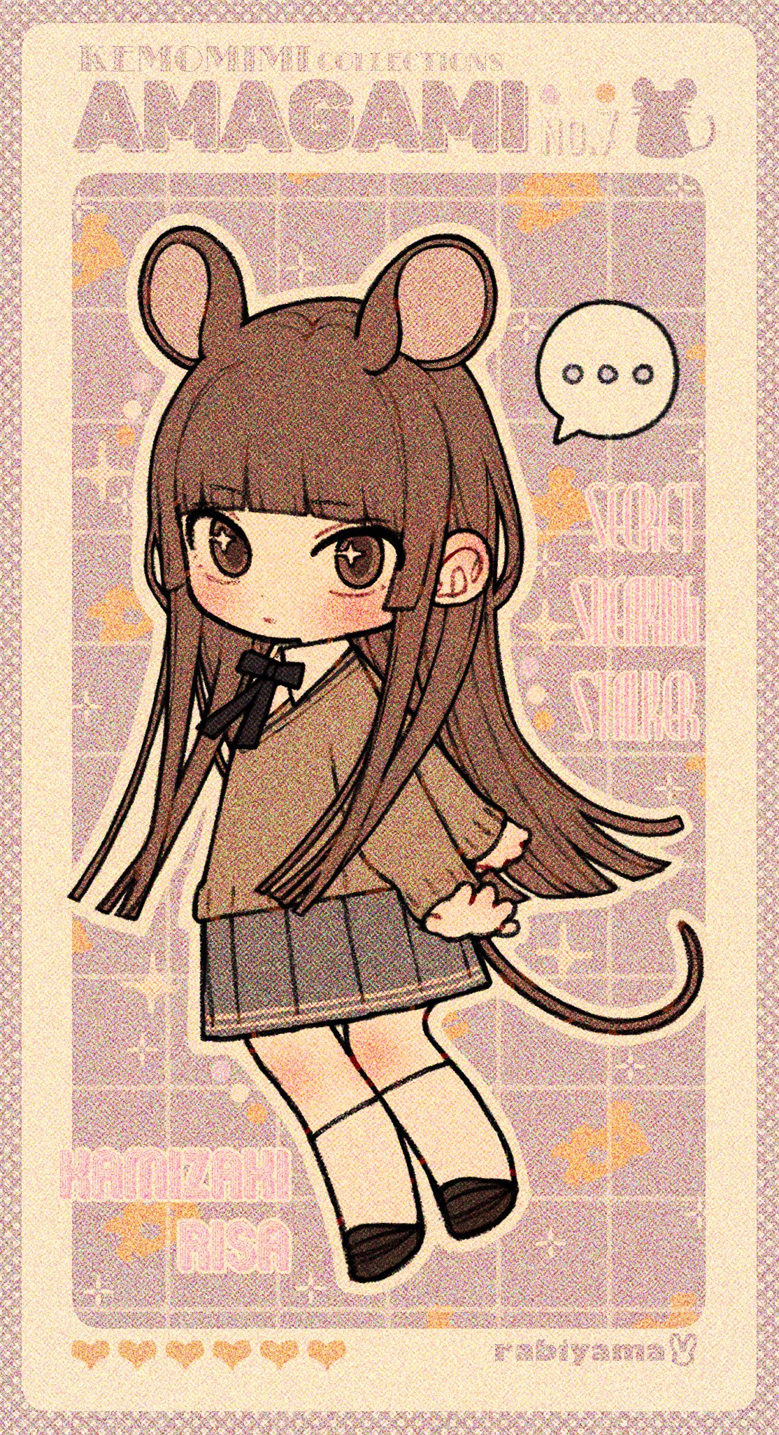 ... 1girl amagami animal_ears arms_at_sides artist_name black_bow black_bowtie blush bow bowtie brown_eyes brown_hair brown_sweater character_name cheese closed_mouth copyright_name food full_body grey_skirt heart highres kamizaki_risa kibito_high_school_uniform long_hair looking_at_viewer mouse_ears mouse_girl mouse_tail pleated_skirt rabiyamarabi school_uniform skirt socks solo sweater tail white_socks