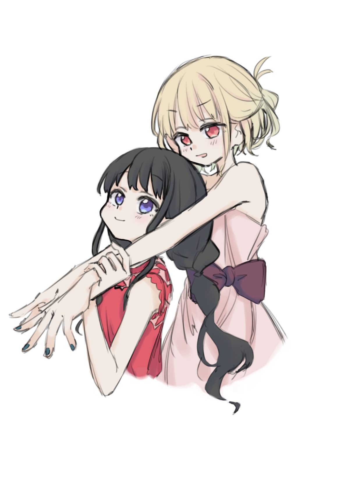 2girls black_hair blonde_hair blush bow closed_mouth commentary_request cropped_torso dress green_nails hair_up hand_on_another's_wrist highres hug hug_from_behind inoue_takina long_hair looking_at_another lycoris_recoil multiple_girls nishikigi_chisato open_mouth pink_dress purple_bow red_dress red_eyes simple_background sleeveless sleeveless_dress smile strapless strapless_dress syonosuke9573 violet_eyes white_background yuri