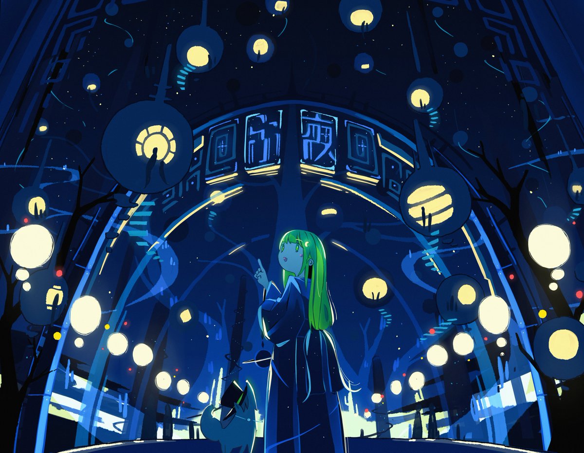 1girl bare_tree black_hat blue_dress city_lights dress feet_out_of_frame from_behind green_eyes green_hair hand_up harumaki_gohan hat index_finger_raised long_bangs long_dress long_hair long_sleeves looking_up night night_sky original outdoors pointing sidelocks sky solo star_(sky) straight_hair top_hat tree