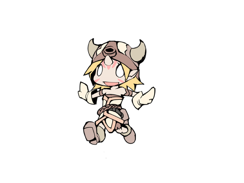 1girl :d bare_shoulders belt belt_pouch black_belt blank_eyes bmp-to-png_conversion brown_bag brown_footwear brown_headwear chibi facial_mark fake_horns frfr full_body game_cg gloves gob_(mon-musu_quest!) helmet horned_helmet horns mon-musu_quest! non-web_source outstretched_arms pale_skin pointy_ears pouch running simple_background single_horn smile solo transparent_background white_gloves white_tunic