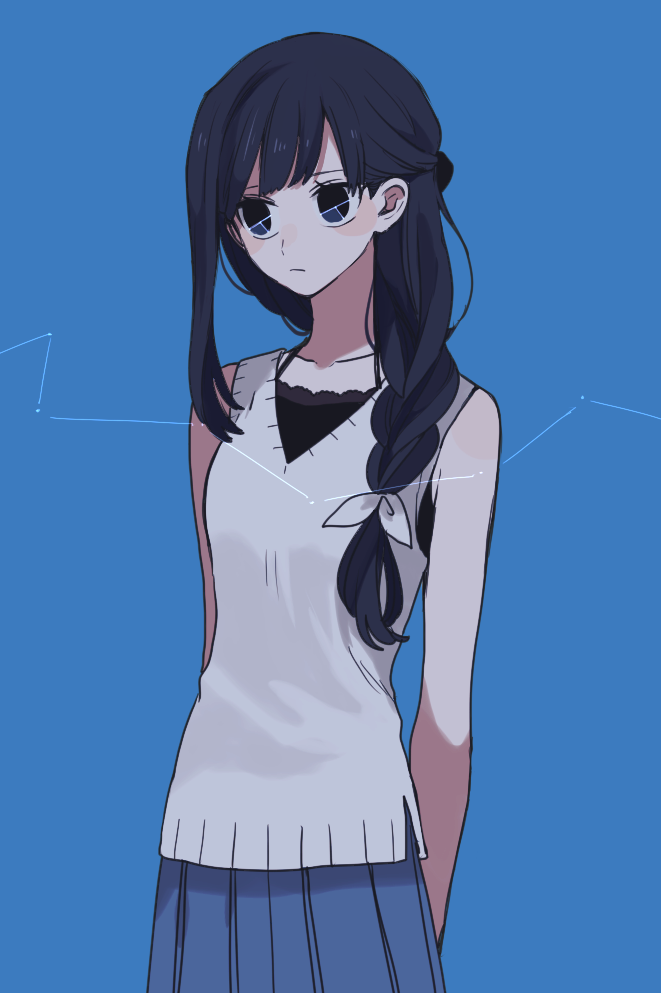 1girl arms_behind_back black_hair blue_background blue_eyes blush_stickers bow braid hair_bow hair_over_shoulder long_hair looking_to_the_side maco22 original pleated_skirt skirt solo sweater_vest