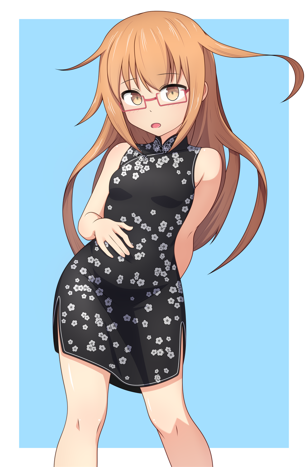 :o arm_behind_back black_dress blue_background border breasts china_dress chinese_clothes dress floral_print glasses hand_on_own_stomach highres light_blush long_hair looking_at_viewer open_mouth orange_hair rectangular_eyewear red-framed_eyewear sawamura_(sawamura0510) side_slit sidelocks simple_background sleeveless sleeveless_dress small_breasts white_border yellow_eyes