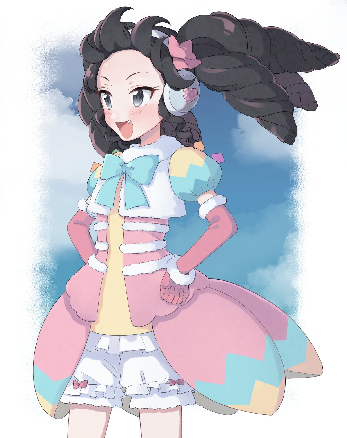 1girl :d bad_id bad_twitter_id black_hair blue_ribbon blue_sky border clouds commentary_request cowboy_shot dress elbow_gloves fang fur-trimmed_gloves fur_trim gaaruru_(pripara) gloves hands_on_own_hips headphones highres inactive_account long_hair looking_ahead open_mouth outside_border pink_dress pink_gloves pretty_series pripara ribbon shiyurinpu sidelocks sky smile solo standing twintails white_border wind