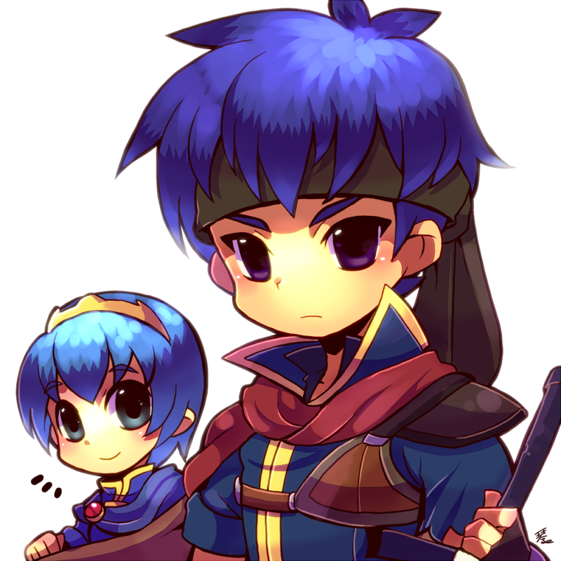 2boys black_headband blue_hair blue_shirt cape closed_mouth fire_emblem fire_emblem:_path_of_radiance grey_eyes headband holding holding_sword holding_weapon ike_(fire_emblem) kotorai looking_at_viewer male_focus marth_(fire_emblem) multiple_boys red_cape shirt short_hair signature simple_background smile sword violet_eyes weapon white_background