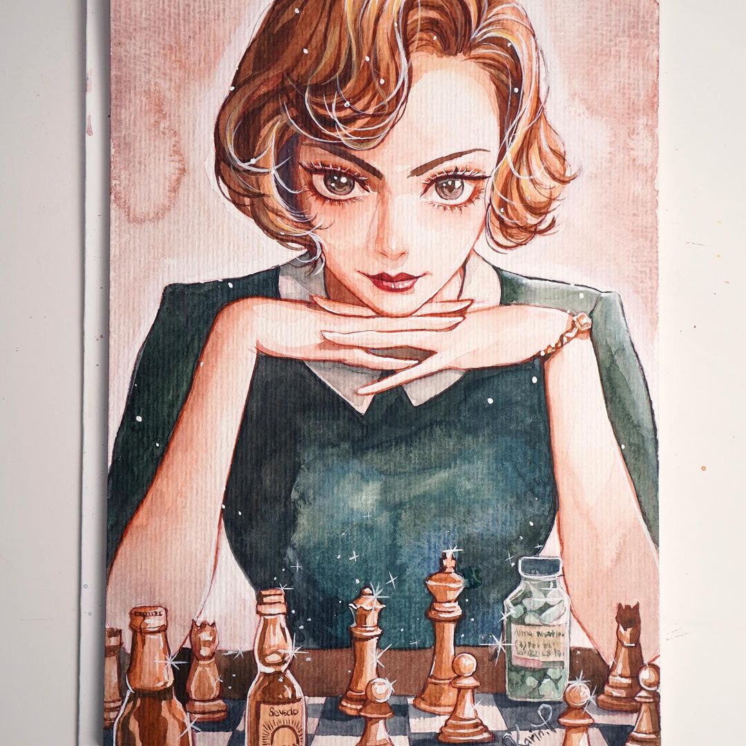 1girl anya_taylor-joy artist_name bad_source blue_dress board_game brown_hair chess chess_piece chessboard commentary_request dress elizabeth_harmon eyelashes karin_park korean_commentary light_smile looking_at_viewer painting_(medium) short_hair solo the_queen's_gambit traditional_media upper_body watch watch watercolor_(medium)