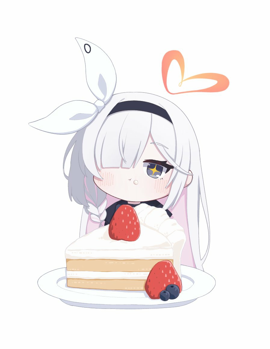 +_+ 1girl black_eyes black_hairband black_sailor_collar blue_archive blush bow cake cake_slice chibi cinamon_(cinamori) closed_mouth commentary eating food fruit hair_bow hair_over_one_eye hairband heart looking_at_viewer one_eye_covered plana_(blue_archive) plate sailor_collar simple_background solo strawberry white_background white_bow white_hair