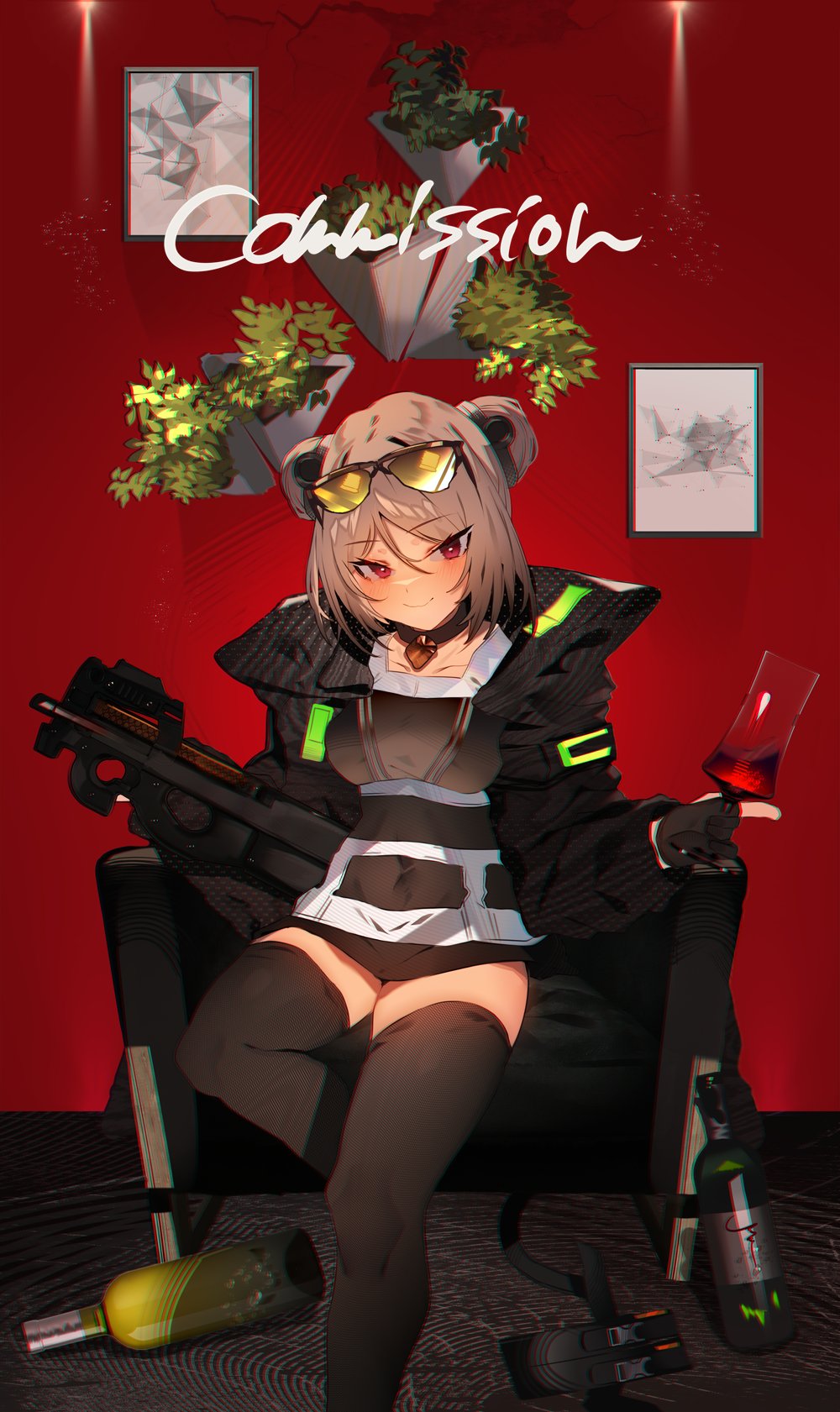 1girl alcohol black_choker black_gloves black_jacket black_thighhighs blush bottle bullpup chair choker commission cup double_bun eyewear_on_head girls_frontline gloves gun hair_bun highres holding holding_cup indoors jacket light_brown_hair looking_at_viewer open_clothes open_jacket p90 p90_(girls'_frontline) partially_fingerless_gloves picture_frame red_eyes sitting skeb_commission solo soukou_makura submachine_gun sunglasses thick_thighs thigh-highs thighs tinted_eyewear weapon yellow-tinted_eyewear