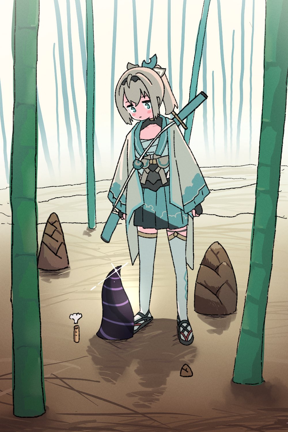 2girls bamboo bamboo_forest bamboo_shoot bamboo_snorkel blonde_hair blush chest_sarashi closed_mouth commentary_request day disguise fingerless_gloves forest full_body glint gloves green_eyes green_skirt haori hiding highres hololive horns japanese_clothes katana kazama_iroha kazama_iroha_(1st_costume) la+_darknesss long_sleeves looking_at_another looking_down medium_hair multiple_girls nature outdoors partially_buried pleated_skirt ponytail puff_of_air sandals sarashi shimotsu. skirt standing sword sword_on_back thigh-highs virtual_youtuber weapon weapon_on_back white_thighhighs