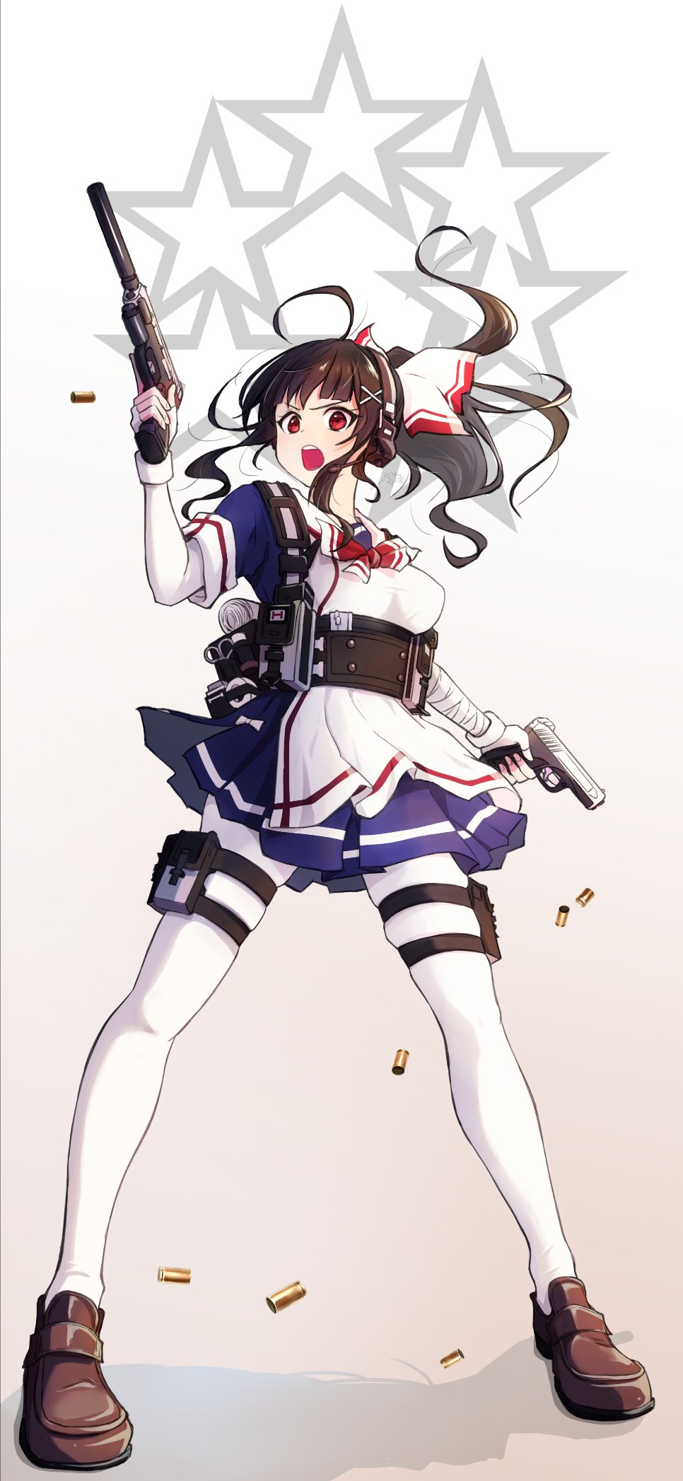 1girl apron black_hair bow breasts commission full_body girls_frontline gsh-18_(girls'_frontline) gsh-18_(mod3)_(girls'_frontline) gun high_ponytail highres holding holding_gun holding_weapon loafers looking_at_viewer medium_breasts official_alternate_costume open_mouth pantyhose red_eyes sakurapiyo2 shoes skeb_commission skirt solo standing weapon white_pantyhose