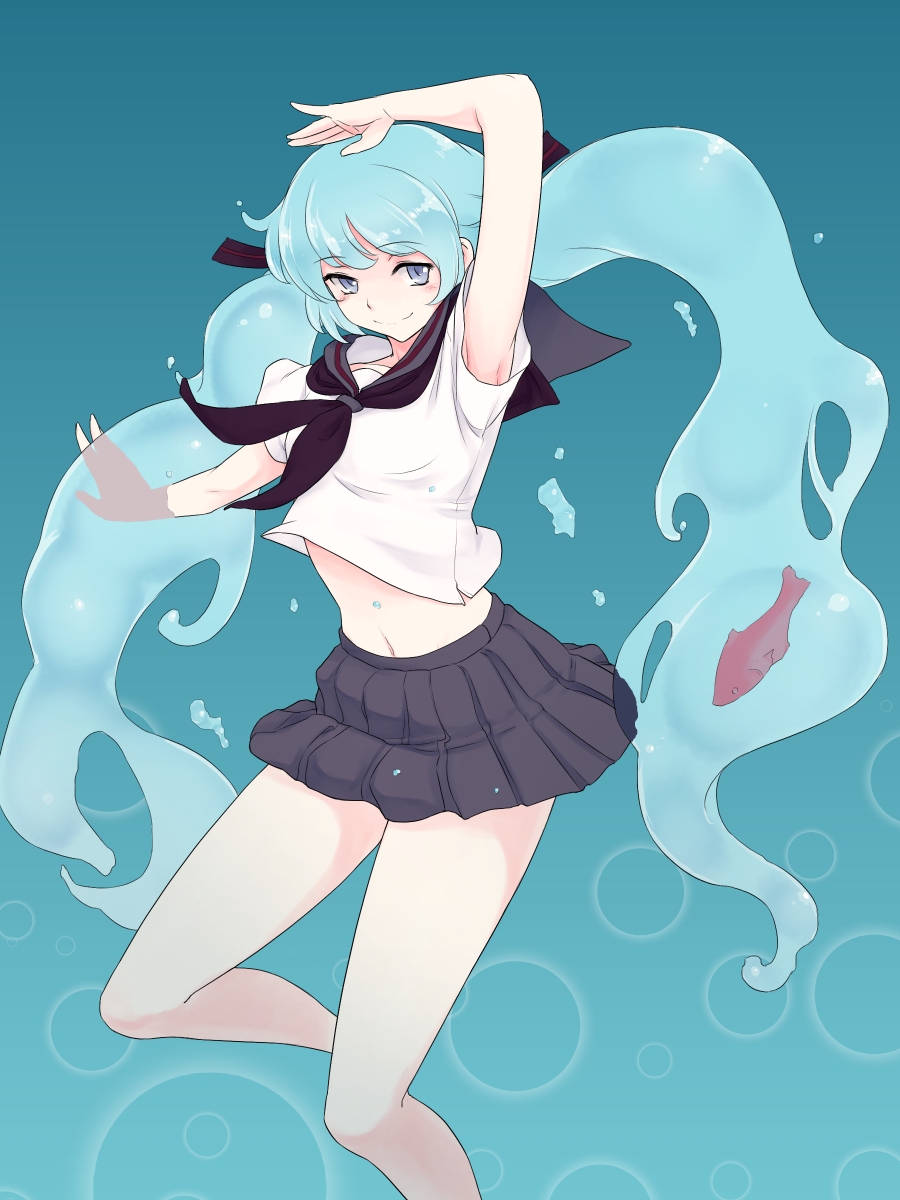 1girl aqua_eyes aqua_hair arm_up black_neckerchief black_sailor_collar black_skirt blue_background bottle_miku closed_mouth commentary feet_out_of_frame gradient_background hatsune_miku highres kakone long_hair looking_at_viewer navel neckerchief sailor_collar shirt short_sleeves skirt smile solo twintails very_long_hair vocaloid white_shirt