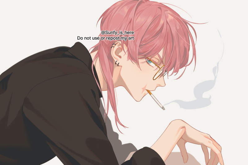 1boy aqua_eyes arm_rest black_shirt collared_shirt ear_piercing expressionless eyelashes glasses leaning_forward looking_at_viewer male_focus piercing pink_hair portrait sanzu_haruchiyo scar scar_on_face shirt simple_background smoking solo tokyo_revengers wolf_cut yoursunfy