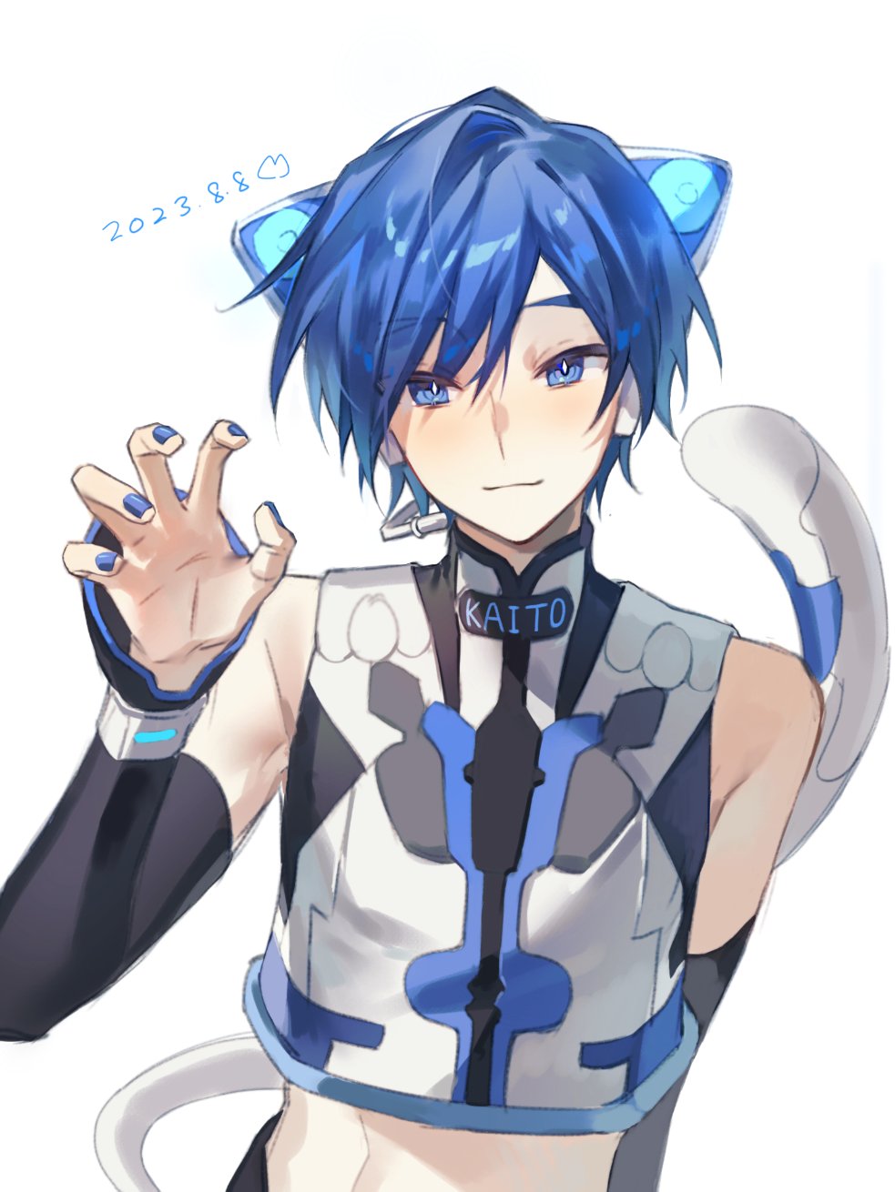 1boy 2023 :3 animal_ear_headphones animal_ears blue_eyes blue_hair blue_nails blush cat_ear_headphones character_name chinese_commentary claw_pose commentary_request crop_top cropped_torso dated detached_sleeves fake_animal_ears hair_between_eyes hand_up headphones highres kaito_(vocaloid) kazemi_arashi light_smile long_sleeves looking_to_the_side male_focus microphone nail_polish neko_cyber_(module) simple_background smile tail upper_body vocaloid white_background white_tail wrist_cuffs