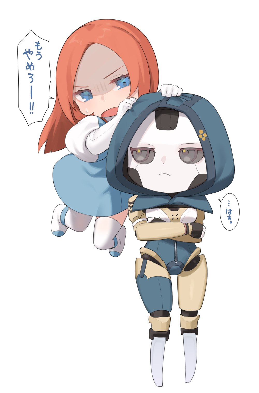 2girls android animification apex_legends ash_(titanfall_2) ashleigh_reid blue_dress blue_eyes blue_leotard boots chibi colored_sclera crossed_arms dress dual_persona elbow_gloves floating_hair frown gloves grey_eyes grey_sclera hand_on_another's_head highres hood hood_up hooded_leotard leotard looking_at_viewer metal_skin multiple_girls nagoooon_114 orange_hair parted_bangs shaded_face simple_background simulacrum_(titanfall) sweatdrop thigh-highs translation_request v-shaped_eyebrows white_background white_footwear white_gloves white_thighhighs