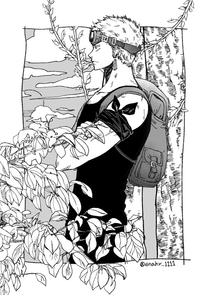 1boy bag bandana_around_arm closed_mouth clouds cowboy_shot crossed_arms earrings enahr_1111 goggles goggles_on_head greyscale jewelry leaf male_focus monochrome one_piece pants profile roronoa_zoro short_hair shoulder_bag solo tank_top twitter_username
