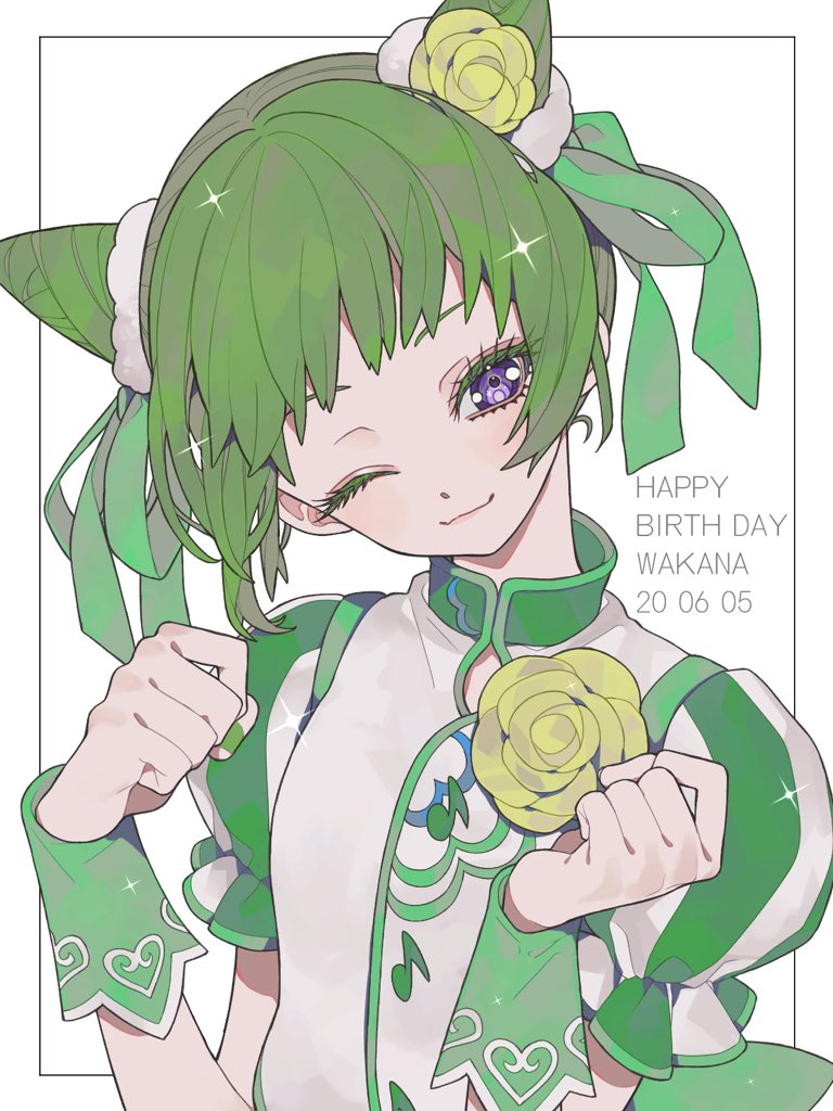 1girl ao_(ao0_0nemu) bad_id bad_twitter_id character_name closed_mouth commentary_request cone_hair_bun dated double_bun flower green_hair green_ribbon green_shirt hair_bun hair_flower hair_ornament hair_ribbon hands_up happy_birthday head_tilt looking_at_viewer morizono_wakana one_eye_closed pretty_rhythm pretty_rhythm_rainbow_live pretty_series puffy_short_sleeves puffy_sleeves ribbon rose shirt short_hair short_sleeves smile solo upper_body violet_eyes white_background wrist_cuffs yellow_flower yellow_rose