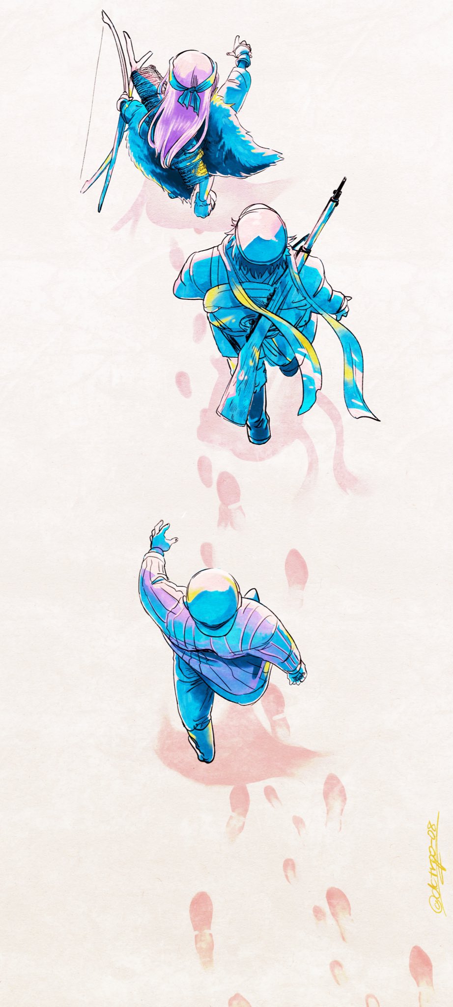 1girl 2boys asirpa bow_(weapon) commentary dctroo_08 footprints from_above golden_kamuy gun gun_on_back hat headband highres holding holding_bow_(weapon) holding_weapon long_hair military_hat military_uniform multiple_boys scarf shadow shiraishi_yoshitake sugimoto_saichi symbol-only_commentary twitter_username uniform walking weapon weapon_on_back