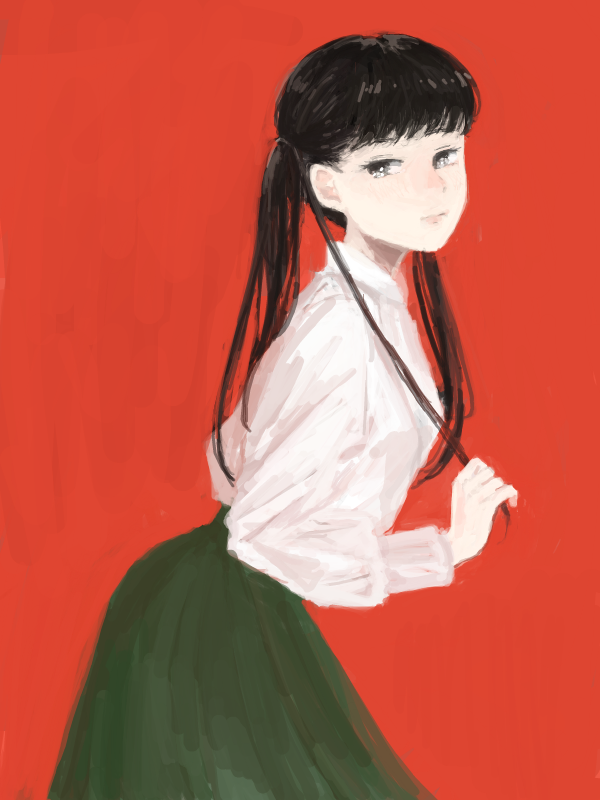 1girl bad_source black_hair black_skirt character_request closed_mouth copyright_request from_side green_skirt grey_eyes long_hair long_sleeves looking_at_viewer oekaki red_background ruq237 shirt simple_background skirt solo twintails white_shirt
