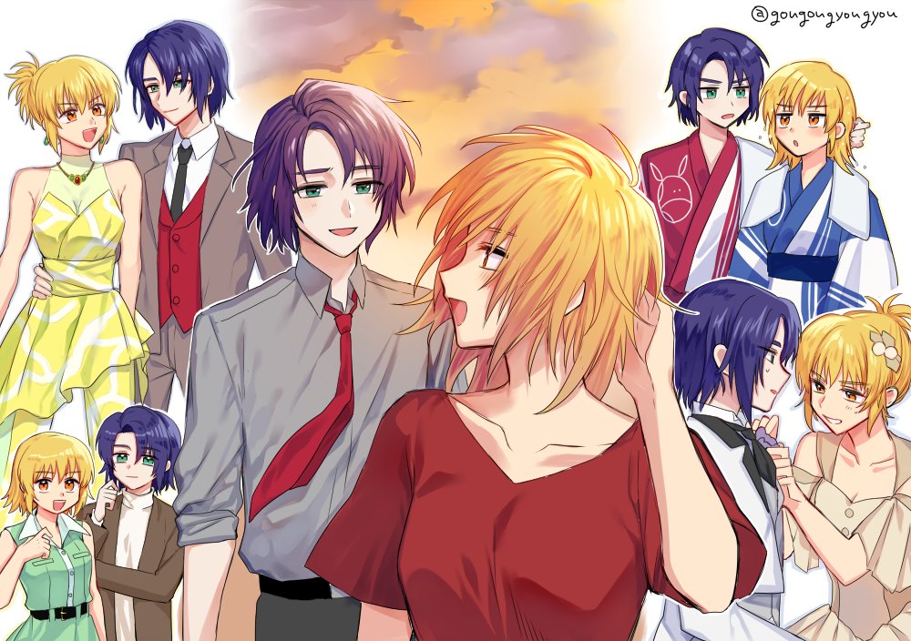 1boy 1girl artist_name athrun_zala bath_yukata blonde_hair blue_hair cagalli_yula_athha casual couple dress formal gougougyougyou green_eyes grey_shirt gundam gundam_seed gundam_seed_freedom hair_ornament hand_in_own_hair hand_on_another's_waist japanese_clothes kimono looking_at_another looking_at_viewer multiple_views red_shirt red_tie shirt short_hair smile suit sunset tying white_suit yellow_eyes yukata
