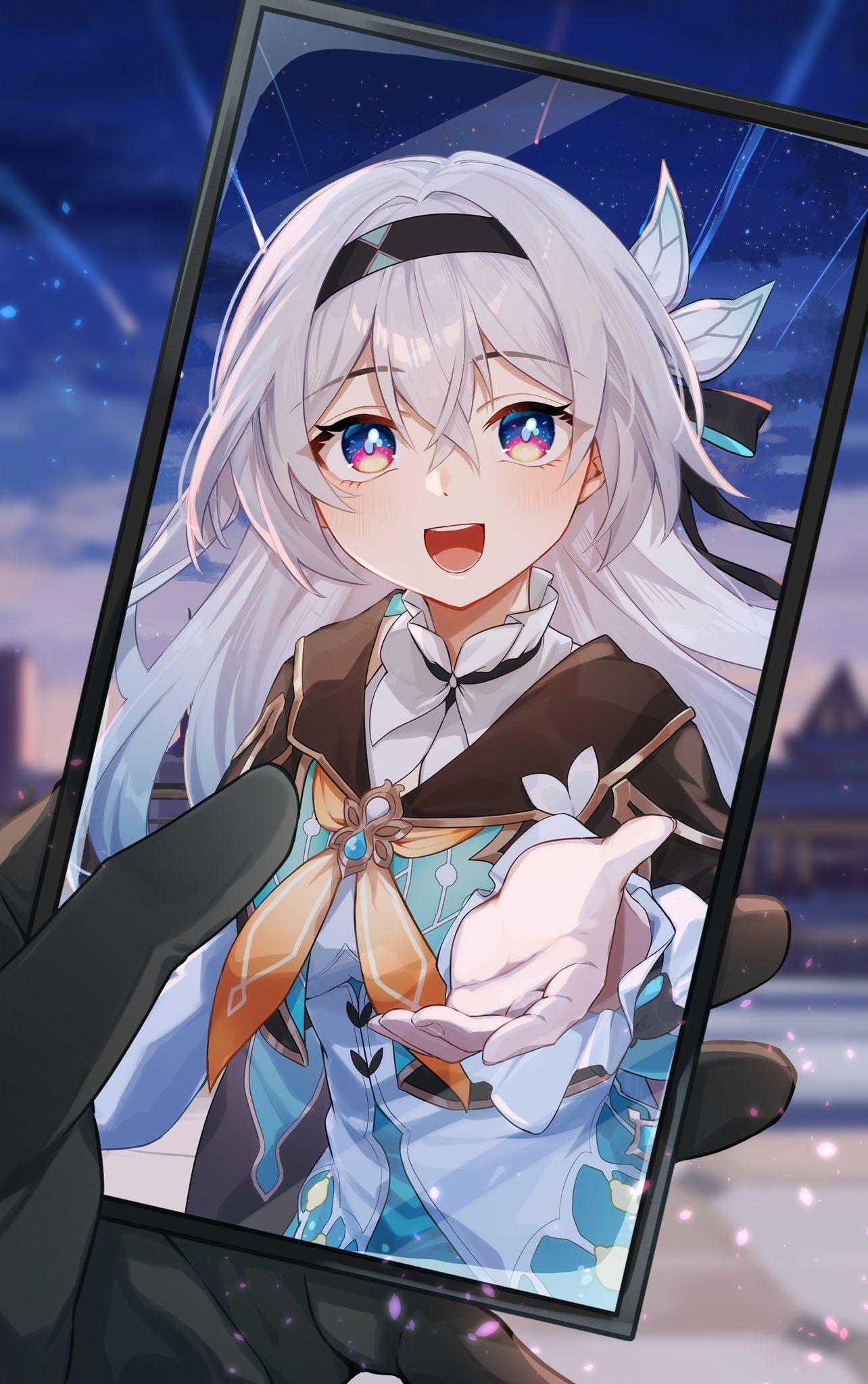1girl 1other :d ascot black_gloves black_hairband cellphone chawarabi commentary_request firefly_(honkai:_star_rail) gloves grey_hair hairband highres holding holding_phone honkai:_star_rail honkai_(series) long_hair long_sleeves looking_at_viewer open_mouth phone shirt smartphone smile trailblazer_(honkai:_star_rail) upper_body violet_eyes white_shirt yellow_ascot