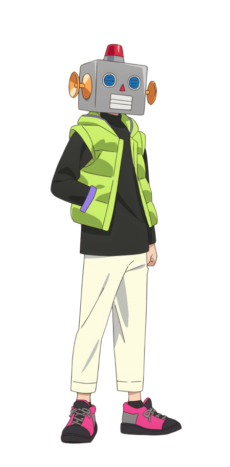 1boy black_shirt full_body green_jacket hand_in_pocket jacket long_sleeves lycoris_recoil male_focus official_art open_clothes open_jacket padded_jacket pants robota_(lycoris_recoil) shirt simple_background sleeveless sleeveless_jacket solo standing tachi-e transparent_background white_pants